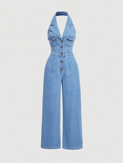 SHEIN MOD Women's Denim Overall Jumpsuit With Sweet Halter & Long Leg,Women Mom Jumpsuit,Vintage Denim Baggy Jumpsuit,Christmas Women Jumpsuit,Sexy Jumpsuit