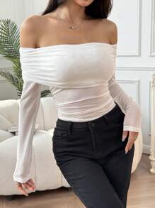 SHEIN EZwear 女士纯色褶皱露肩长袖紧身衣 - 白色 - 查看 6