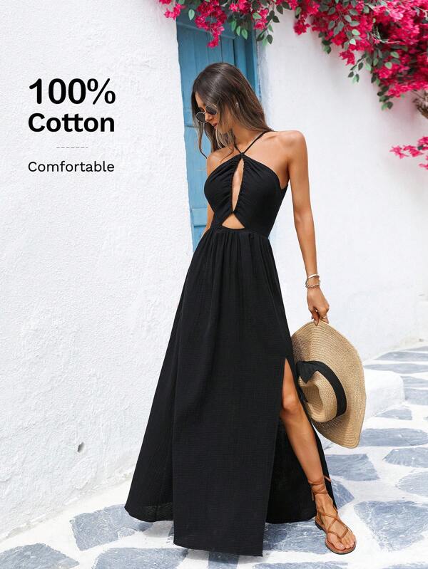 Vivid Eden Vestido maxi de algodón 100% negro casual de vacaciones con diseño espalda cruzada y cuentas, conjunto de verano para mujer, vestimenta de vacaciones, atuendo bohemio, atuendo de festival, atuendo de playa