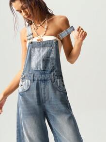 Bohemela 女士宽松纯色梭织牛仔背带裤，带口袋，休闲