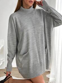 EURMUSE Women's High Neck Dropped Shoulder Long Sleeve Dual Pocket Casual Loose Knit Sweater Dress, Autumn/Winter - Grey - View 8
