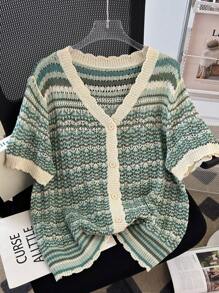SHEIN Clasi Plus Size Women's Colorful Striped Short Sleeve Single-Breasted Cardigan