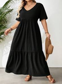 SHEIN CURVE+ Plus Size Solid Color Super Long Dress For Beach/Vacation,Summer Outfits For Womenbeach Outfits For Woman/Beach Dress/Beach Vacation Outfits/Beach Essentials / Graduation/Tea Party Dress