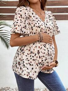 SHEIN Maternity Fully Allover Print V-Neck Ruffle Short Sleeve Stylish Shirt - Multicolor - View 5