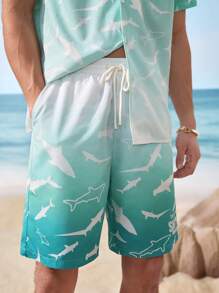 Shark Week X SHEIN مجموعة قصيرة الأكمام بأزرار أمامية برسمة سمكة القرش وشورت بجيب مائل للرجال - ازرق عسكري - مشاهدة 6