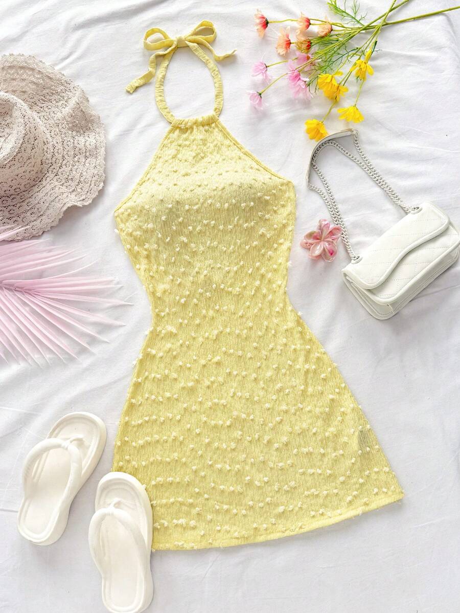 Soleia Women's Vacation Tie Neck Open Back Fitted Dress Summer - Mustard Yellow - View 1