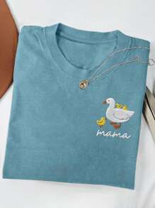 Women's Casual Raglan Letter & Cartoon Duck Print Loose Round Neck T-Shirt