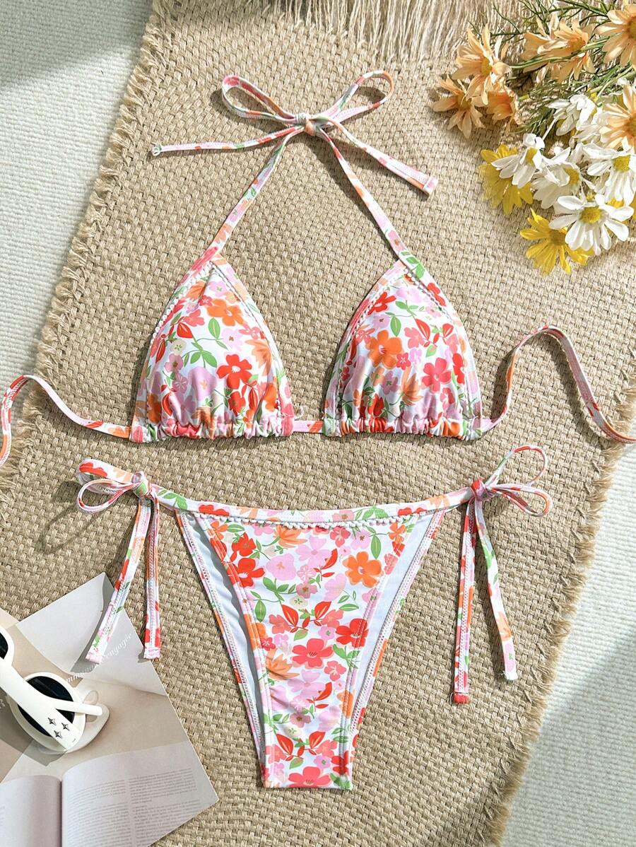 Soleia Women's Random Ditsy Floral Ruffled Strap Sexy Spaghetti Strap Bikini Set, Essential For Summer - Multicolor - View 1