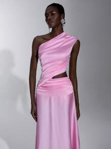 Elitara Blush Pink,Summer,Elegant,Formal,Event,Prom,Wedding Bridesmaid Dress,Satin Asymmetric Neck Hollow Out Ruched Bodycon Fishtail Holiday Resort - Pink - View 7