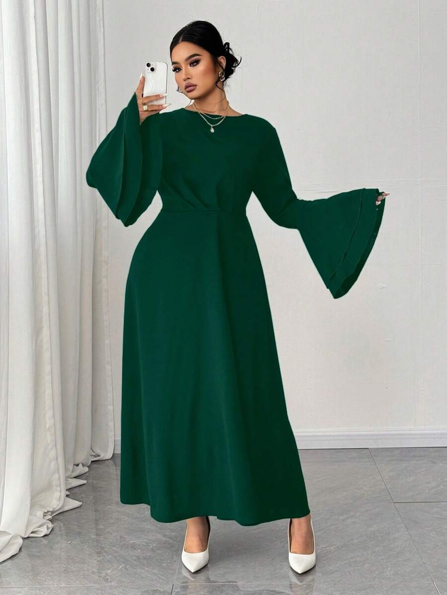 Elenzga プラスサイズ レディース 無地 ラウンドネック フレア袖 エレガントワンピース 秋用 - ダークグリーン - チェックする 1