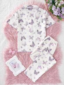 SHEIN Tween Girl 柔软纹理面料紫色蝴蝶印花长裤和短袖宽松休闲 2 件套家居服套装 - 杏色 - 查看 2
