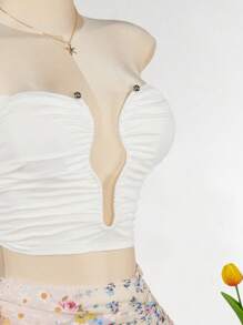 SHEIN ICON Plus Size Women's White Asymmetrical Cutout Neck Strapless Crop Top - White - View 6