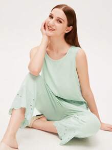LUVLETTE Wedding Essential Embroidered Long PJ Set Cotton Bridesmaid Airy Women Pajamas Pants With Pockets Lingerie As Outerwear - Green - View 6