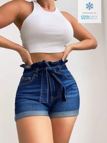 SHEIN Frenchy Casual Paper Bag Waist Roll Up Hem Slim Fit Denim Shorts, Summer - Dark Wash - View 1
