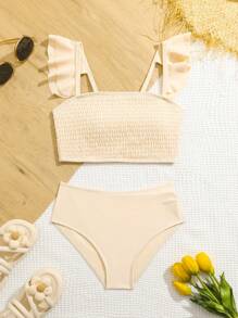 Tween Girls' Summer Vacation Beach Ruffled Tankini Set - Apricot - View 1