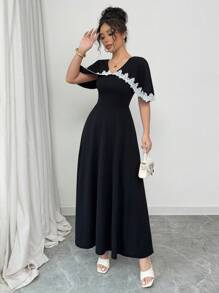 SHEIN Tall Váy midi ren xếp nếp chữ A cạp cao, dành cho nữ mùa xuân/hè - Đen và trắng - Xem 4