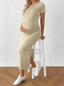 SHEIN 孕妇和哺乳期纯色圆领短袖连衣裙，适合夏季