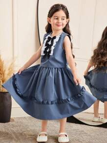 SHEIN Leap Crew 2pcs/Set Young Girl Sporty Casual Solid And Contrasting Color Splicing Bow Decor Round Neck Sleeveless Shirt And Mini Skirt - Blue - View 3