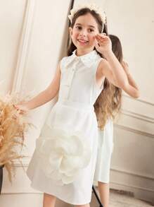 SHEIN 2 Stücke Kleine Mädchen Lässig minimalistischer, komfortabler Polokragen, Perlen Dekor, 3D Blumen Ärmellos Shirt und Mini Rock Set