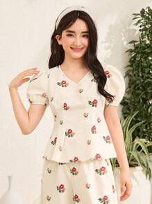 SHEIN Teen Girls Floral Pattern Ruffled V-Neck Balloon Sleeve Top And Pants 2 Pieces Set, Casual - White - View 3