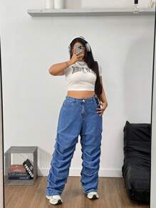 SHEIN EZwear Quần Jeans Denim Lưng Thun Màu Xanh Nhạt Phai Size Lớn - Rửa tối - Xem 3