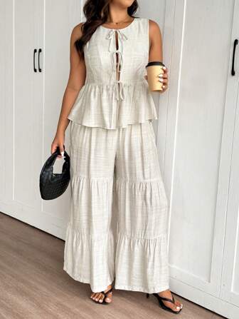 SHEIN Frenchy Conjunto de 2 piezas de talla grande para mujer, versátil para verano casual, con volantes, incluye blusa y pantalones, apto para uso diario y vacaciones en la playa