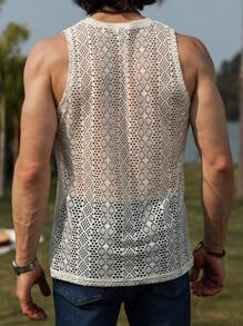 Manfinity Homme Men's Hollow Flower Textured Fabric Tank Top - Khaki - View 2