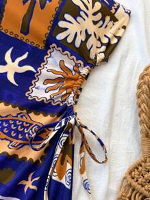 SHEIN Teen Girls' Tropical Island Elements Coconut Tree Waist Drawstring Hollow Out Snug Fit Halter Dress, Holiday, Casual/Vacation