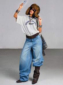 EURMUSE Jeans casual vita bassa Y2K lavaggio vintage - Blu - Visualizzare 1