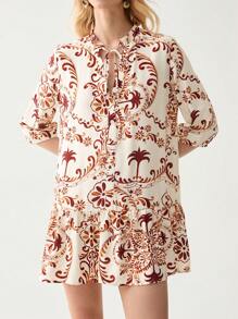 Florisole Women's Boho Mini Dress With Three Quarter Sleeves And Ruffle Hem Detail