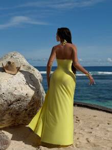 Swim Oasis 2pcs/Set Women's High-End Fashion Metallic Shell Decor Twist Front Hollow Out Halter Neck Sleeveless Beach Skirt And Swimsuit Set For Summer Beach Vacation