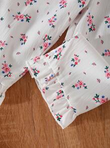 Baby Girl Cute Lady Sets: Ditsy Floral Collared Ruched Front Top + Loose Casual Flounce Hem Long Pants - Baby Pink - View 5