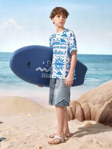Shark Week X SHEIN Tween Boy 蓝色鲨鱼字母印花白色休闲短袖 T 恤 - 彩色 - 查看 6