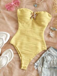 Soleia Bộ đồ liền thân Bandeau trang trí hình sao biển thon gọn cho nữ, thích hợp cho bãi biển, ngày lễ, hẹn hò, trà chiều, lễ hội âm nhạc, phong cách Boho, mùa xuân/hè - Màu Mù tạt vàng - Xem 3
