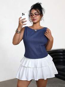 SHEIN EZwear Plus Size Blue Denim Blouse, Casual Skinny Stretchable Bow Design,Summer/Summer Outfits For Women, Suitable For Parties, Holidays, Dates, Valentine's Day, Afternoon Tea, Suitable For Summer,Spring Summer Vacation Beach Outfits Fashion Outfits