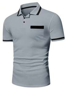 Calvornis Camisa polo de manga corta con ribete de contraste, estilo simple y moda, apta para el verano - Gris - Ver 4