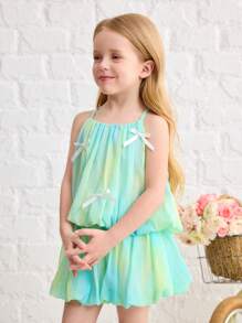 SHEIN Bộ 2 áo yếm ombre và quần short nhún cho bé gái - Màu Hồng Tươi - Xem 3