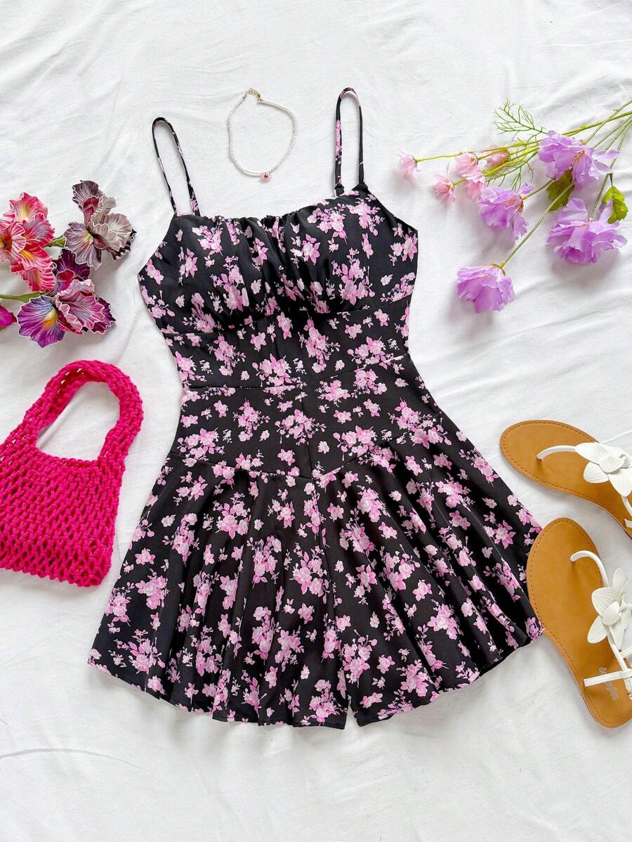 Soleia WYWH Vacation Red& Black Floral Print Cami Romper