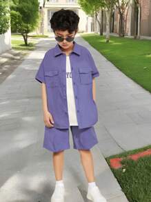Ensemble 3 pièces pour préadolescents: polo violet et blanc, shorts à taille élastique, et débardeur imprimé de lettres sans manches. Convient pour les vacances d'été, les tenues décontractées et de sport