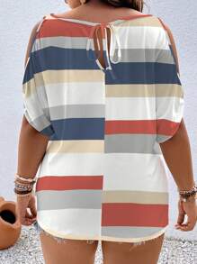 SHEIN LUNE Plus Size Color Block Striped Open Shoulder Short Sleeve Casual T-Shirt, Summer Graphic Tees Women Tops Stripe Topmulticolor Women Blouseswomen Tops Summerstriped Top