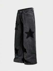 EASEVO Men Plus Size Woven Acid-Washed And Star Print Jeans, Emo, 2000s Style - Black - View 1