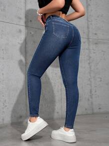 SHEIN PETITE Jeans casual di moda da donna, vita alta, slim fit