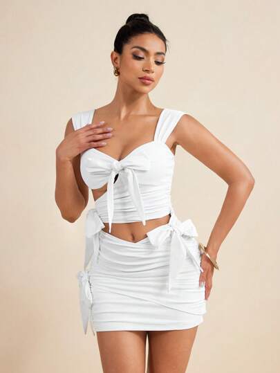 LUNA B Solid White Color Bow Cut Out Sexy Mini Dress For Women Summer Beach Outfit Holiday