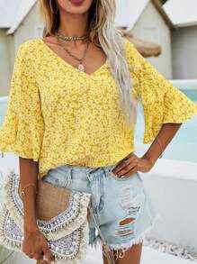 Breezaya 夏季 V 领碎花宽松衬衫 - 黃色 - 查看 4