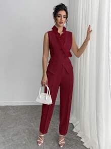 Gloray 2 Pieces Set: Figure-Hugging Sleeveless Deep V-Neck 3D Ruffle Pocket Button Crisscross Asymmetric Hem Cropped Tapered Pants, Elegant Casual Office Work Wedding Party Summer Vest & Trousers For Women - Burgundy - View 6