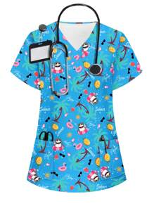 PopScrub Cartoon Print V-Neck Short Sleeve Pocket Scrub Uniform Shirt Scrub Sets For Scrub Sets Nurse Scrub Sets Women Scrubs For Women,Women's Fashion Casual Sports Scrub Tops, Business Women Clothing, Women's Summer Tops Multi-Occasion Wear Versatility, Women's Summer Beach Shirts,Tops With Cute Puppies, Bees, Insects, Kittens, Flowers, Grass, Trees, Hearts, Clouds, Ice Cream, Donuts, Butterflies, Starfish, Tie-Dye And Other Printed Patterns - Blue - View 1