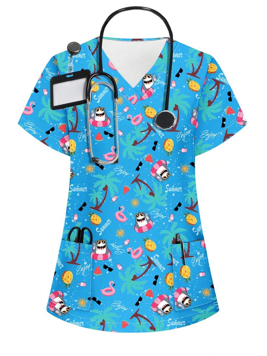 PopScrub Cartoon Print V-Neck Short Sleeve Pocket Scrub Uniform Shirt Scrub Sets For Scrub Sets Nurse Scrub Sets Women Scrubs For Women,Women's Fashion Casual Sports Scrub Tops, Business Women Clothing, Women's Summer Tops Multi-Occasion Wear Versatility, Women's Summer Beach Shirts,Tops With Cute Puppies, Bees, Insects, Kittens, Flowers, Grass, Trees, Hearts, Clouds, Ice Cream, Donuts, Butterflies, Starfish, Tie-Dye And Other Printed Patterns - Blue - View 1