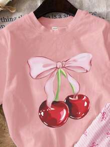 SHEIN Leap Crew 2pcs/Set Girls Casual Simple Cherry Print Short Sleeve Tee & Shorts Set, Suitable For Summer - Multicolor - View 6
