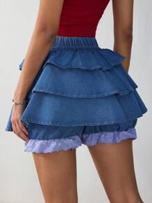 SHEIN EZwear Women's Elastic Waist Multi-Layered Ruffle Hem Denim Skort - Blue - View 2