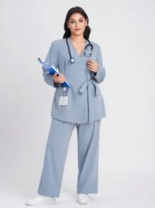 Scrubzie Plus Size Wrinkle-Resistant Cross-Wrap Long Sleeve Top And Pants Women Care Uniform Set Scrub Set - Baby Blue - View 3